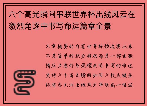 六个高光瞬间串联世界杯出线风云在激烈角逐中书写命运篇章全景